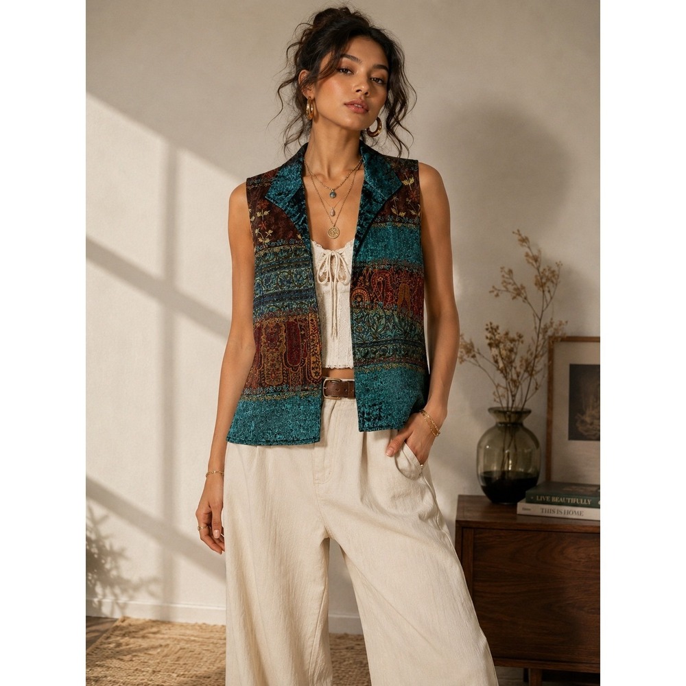 CSilk Patchwork Tapestry Vest Teal Paisley Boho Lagenlook Small